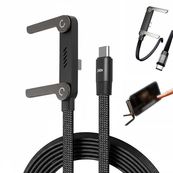 240W Super Fast Charging 2-in-1 Invisible Holder Charger Cable with Stand for Gaming, Office, and Travel - Compatible with Type-C Devices - Black